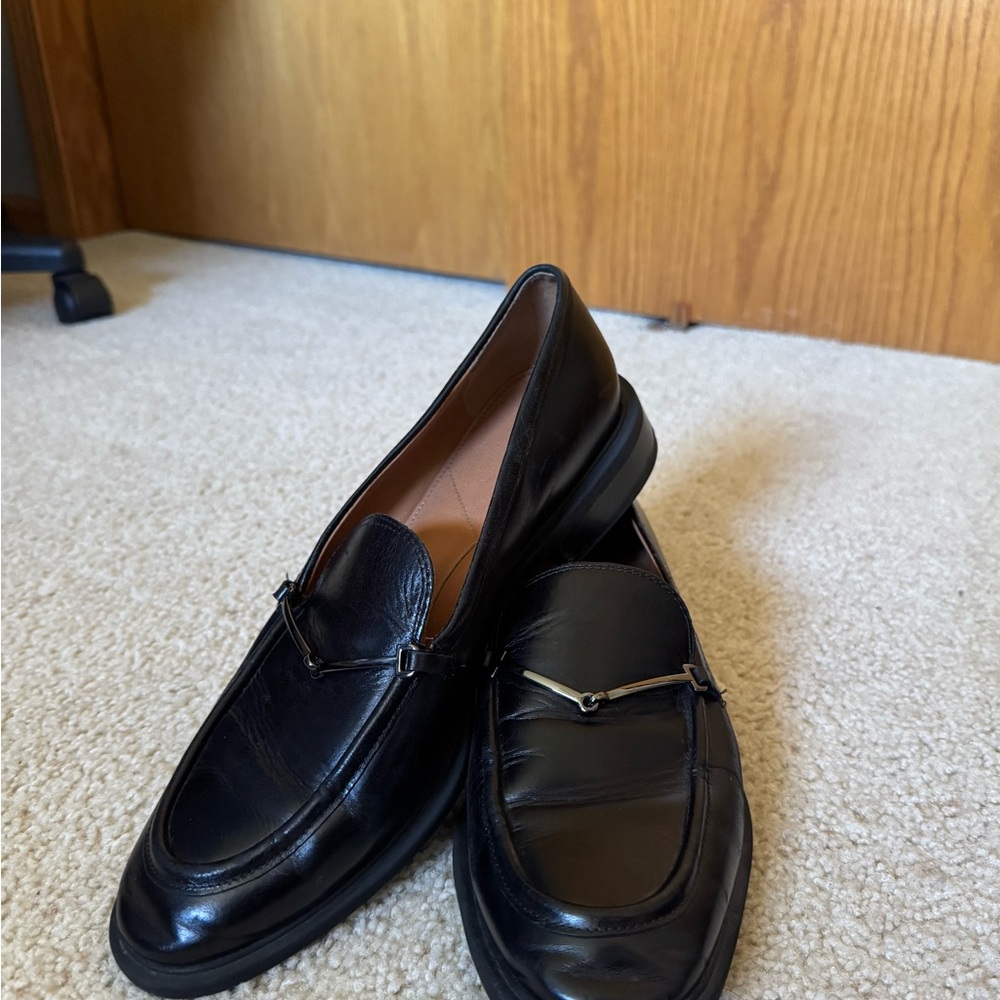 Franco Sarto Black Leather Loafers with Metal Accent